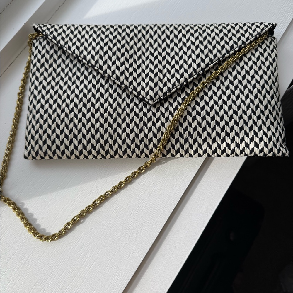J Crew Black & White Envelope Clutch with Gold Chain